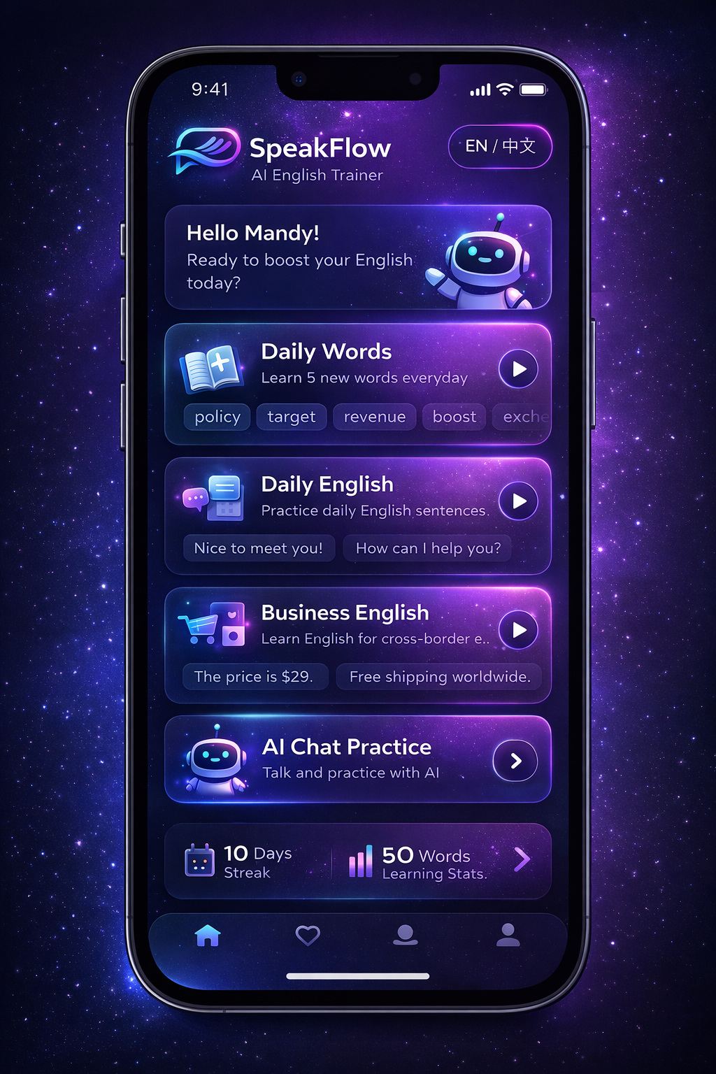 SpeakFlow mobile UI mockup